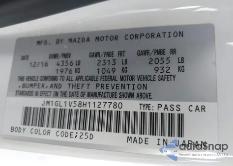 2017 Mazda Mazda6 Touring z USA, uszkodzony, nr VIN JM1GL1V58H1127780
